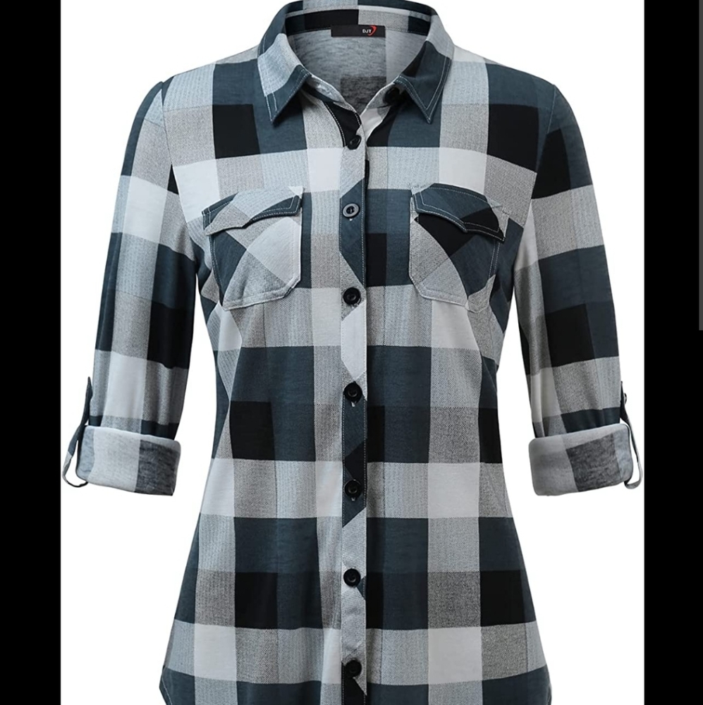 Djt women's roll up long sleeve collard button down plaid shirt size medium new